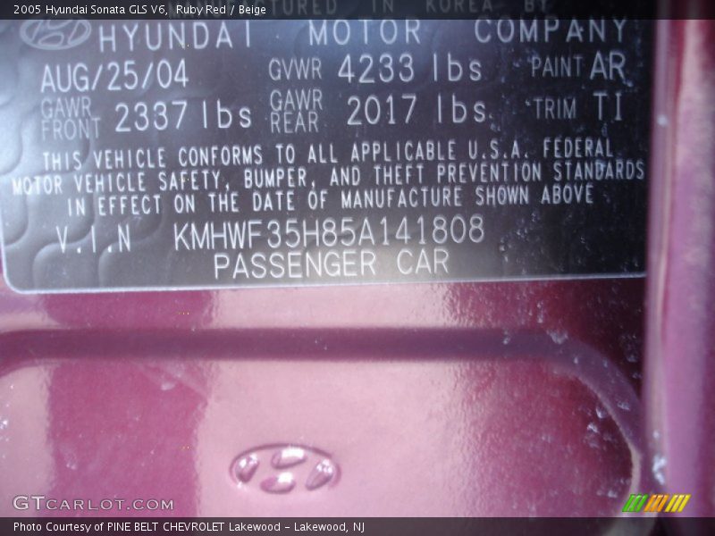 2005 Sonata GLS V6 Ruby Red Color Code AR