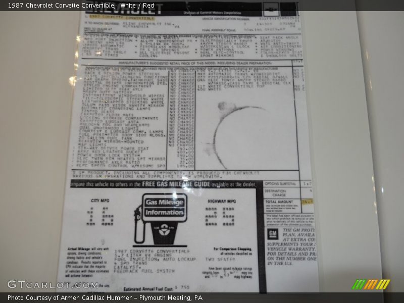  1987 Corvette Convertible Window Sticker