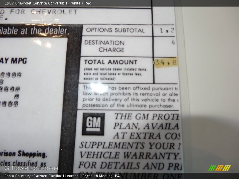  1987 Corvette Convertible Window Sticker