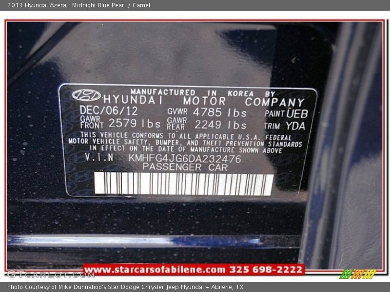Midnight Blue Pearl / Camel 2013 Hyundai Azera