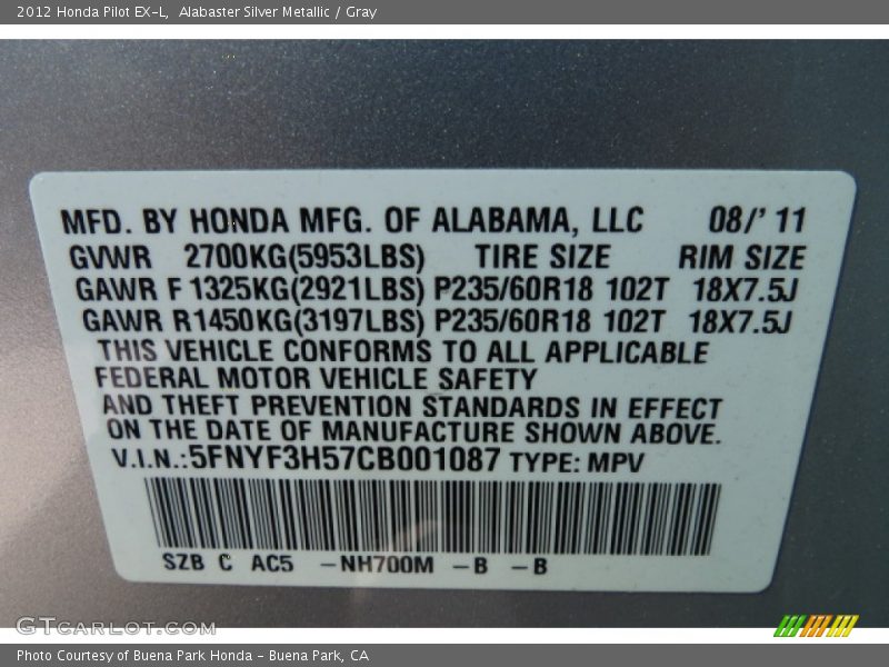 Alabaster Silver Metallic / Gray 2012 Honda Pilot EX-L