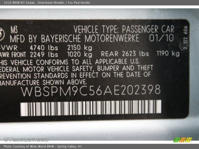 Info Tag of 2010 M3 Sedan