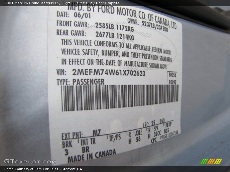 2001 Grand Marquis GS Light Blue Metallic Color Code M7