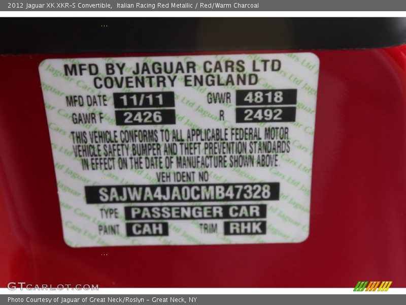2012 XK XKR-S Convertible Italian Racing Red Metallic Color Code CAH