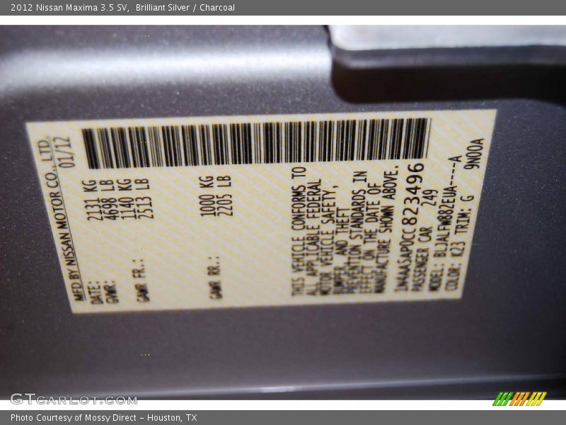 Brilliant Silver / Charcoal 2012 Nissan Maxima 3.5 SV