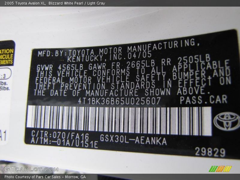 Blizzard White Pearl / Light Gray 2005 Toyota Avalon XL