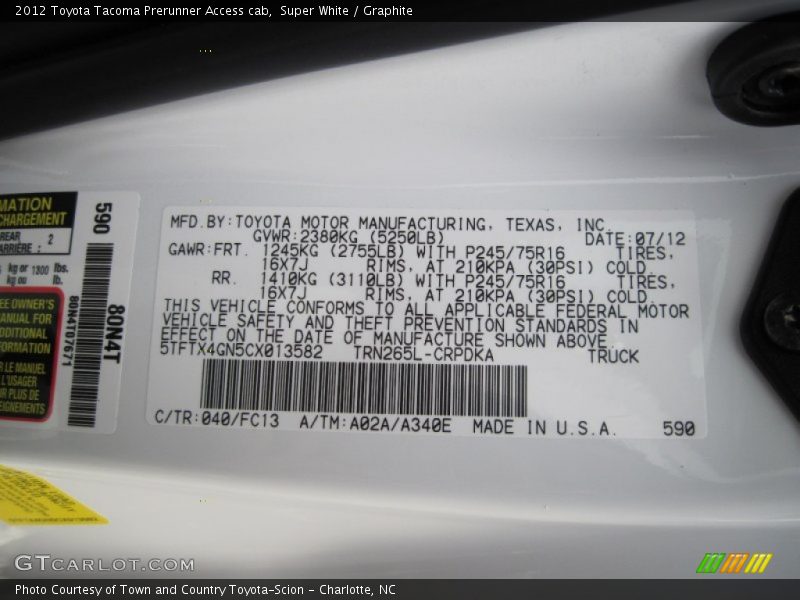 2012 Tacoma Prerunner Access cab Super White Color Code 040