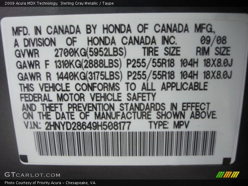 Sterling Gray Metallic / Taupe 2009 Acura MDX Technology