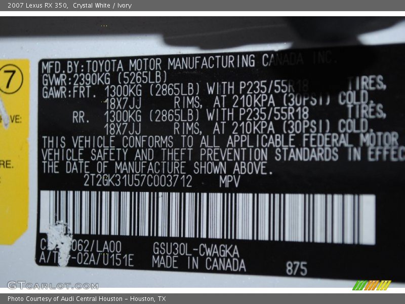 2007 RX 350 Crystal White Color Code 062