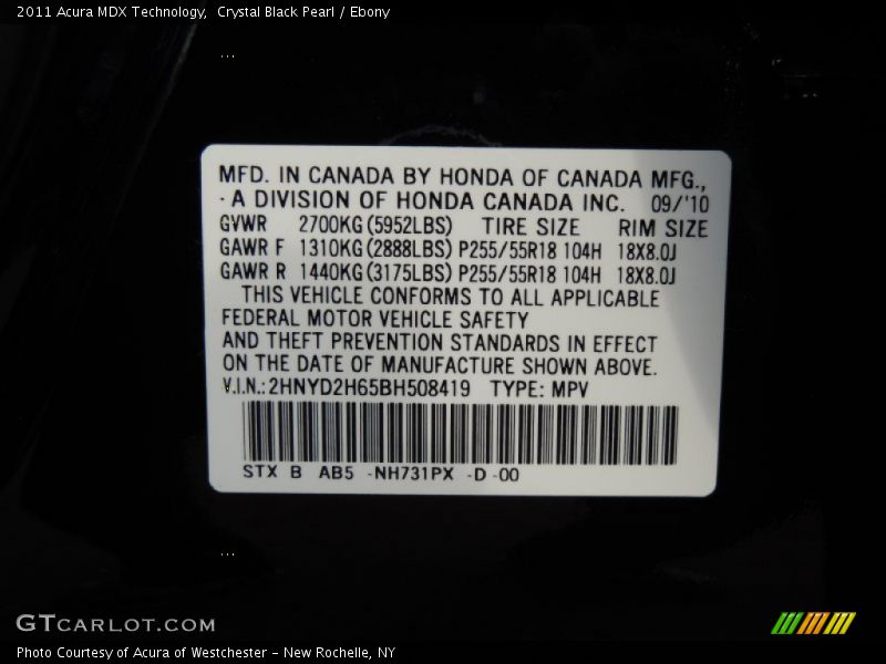 Crystal Black Pearl / Ebony 2011 Acura MDX Technology