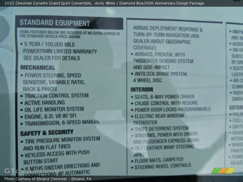 Arctic White / Diamond Blue/60th Anniversary Design Package 2013 Chevrolet Corvette Grand Sport Convertible