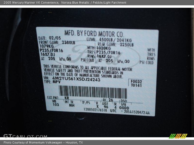 Norsea Blue Metallic / Pebble/Light Parchment 2005 Mercury Mariner V6 Convenience