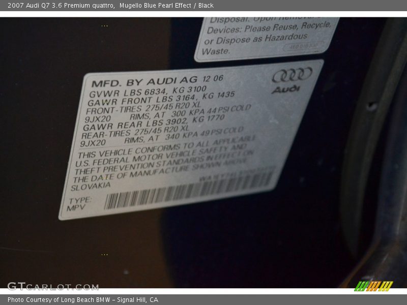 Mugello Blue Pearl Effect / Black 2007 Audi Q7 3.6 Premium quattro