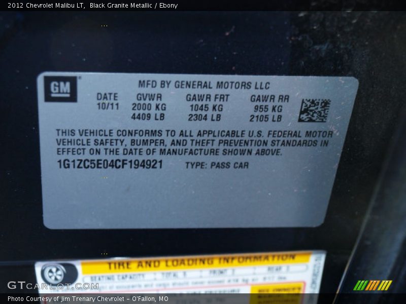 Black Granite Metallic / Ebony 2012 Chevrolet Malibu LT