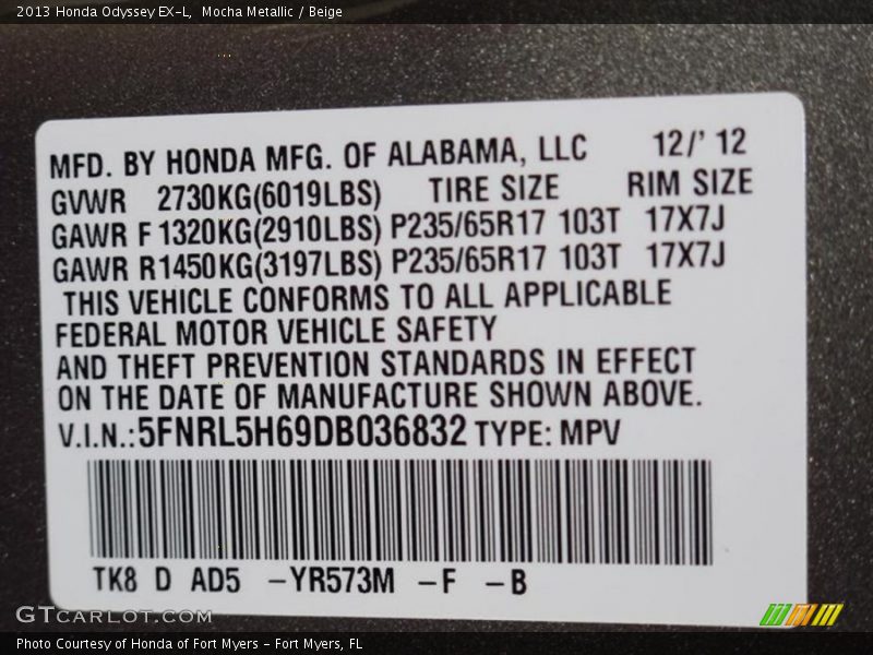 2013 Odyssey EX-L Mocha Metallic Color Code YR573M