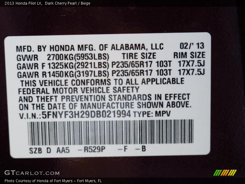 Dark Cherry Pearl / Beige 2013 Honda Pilot LX