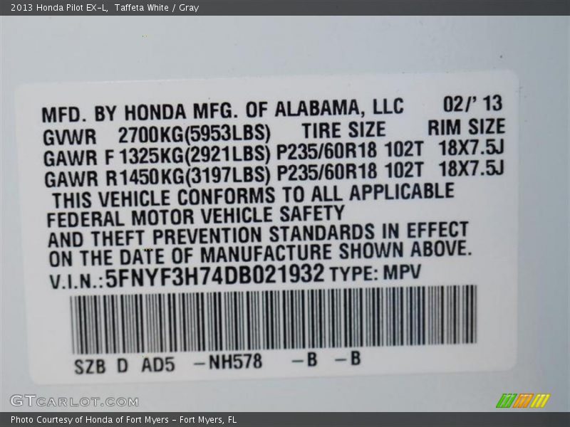 Taffeta White / Gray 2013 Honda Pilot EX-L