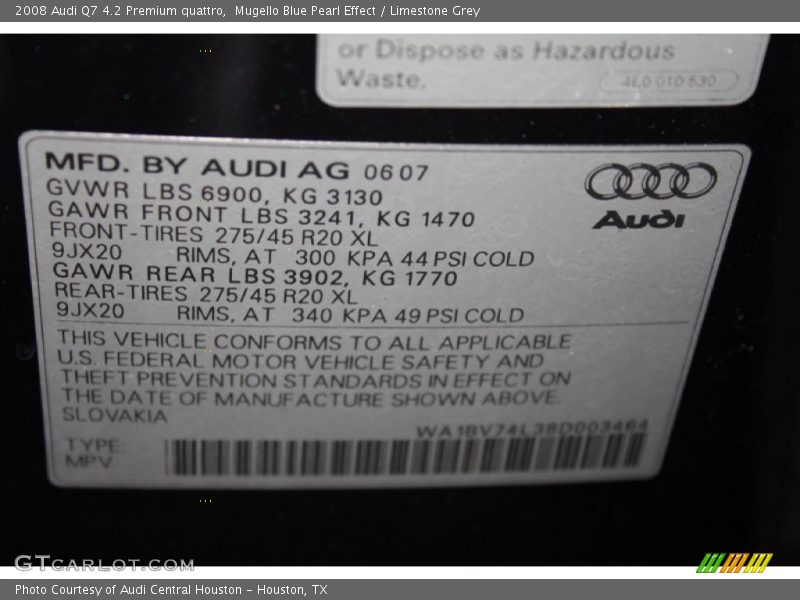 Mugello Blue Pearl Effect / Limestone Grey 2008 Audi Q7 4.2 Premium quattro