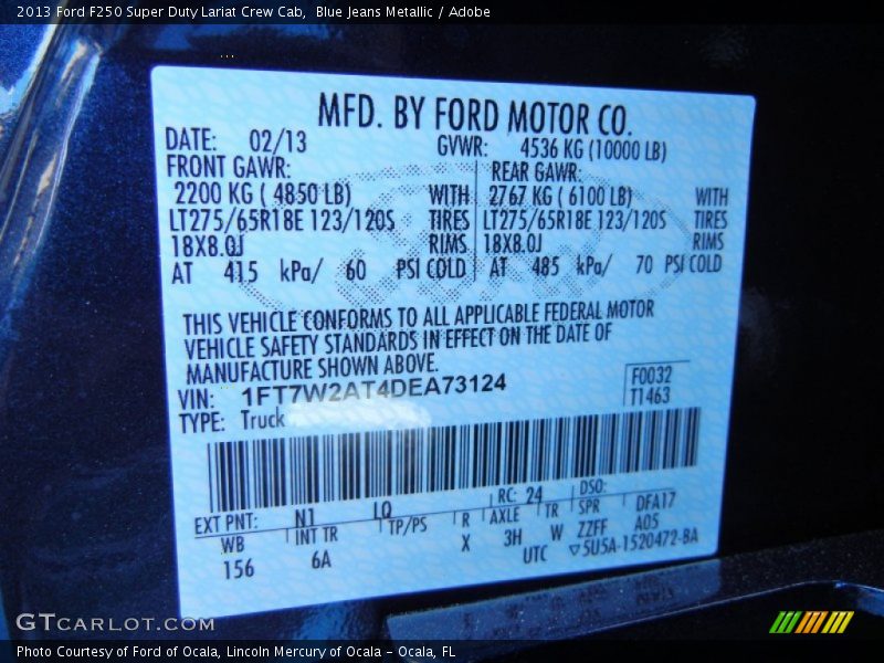 2013 F250 Super Duty Lariat Crew Cab Blue Jeans Metallic Color Code N1