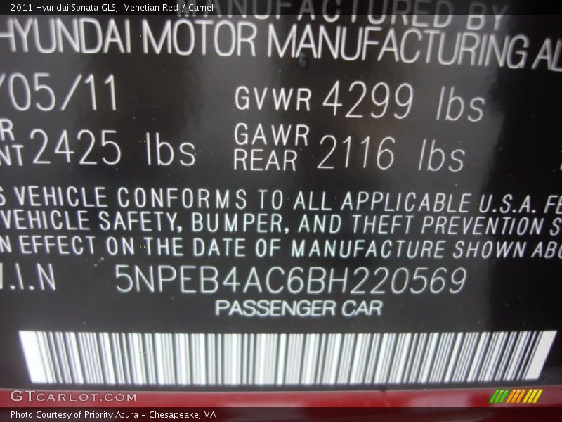 Venetian Red / Camel 2011 Hyundai Sonata GLS