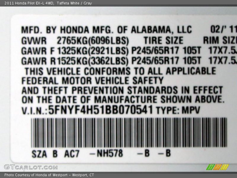 Taffeta White / Gray 2011 Honda Pilot EX-L 4WD