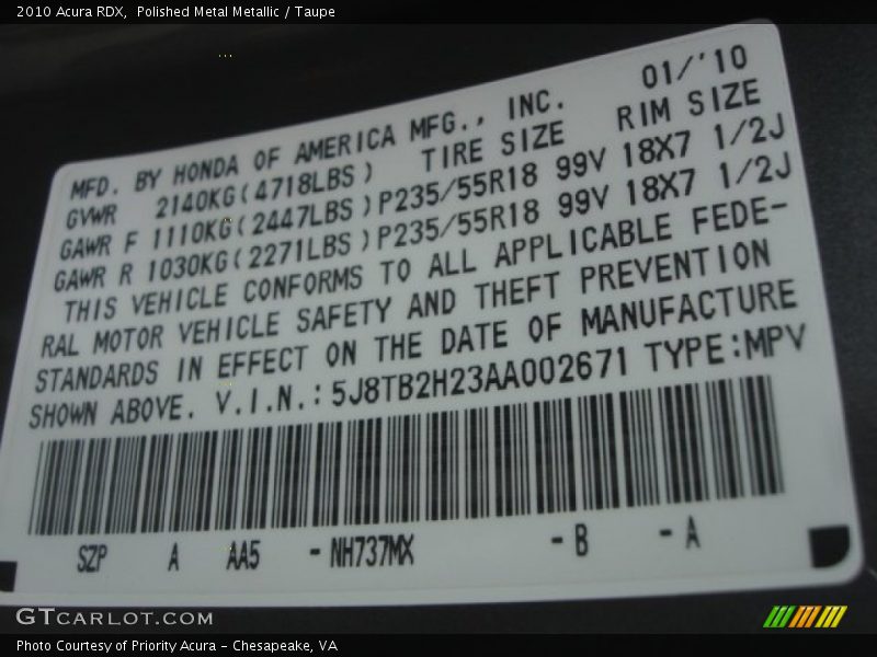 Polished Metal Metallic / Taupe 2010 Acura RDX