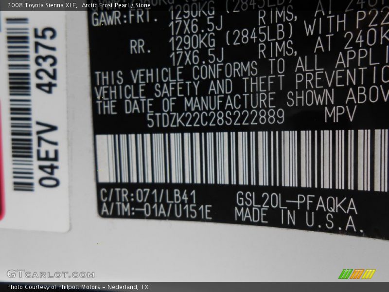 2008 Sienna XLE Arctic Frost Pearl Color Code 071