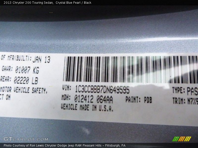 Crystal Blue Pearl / Black 2013 Chrysler 200 Touring Sedan