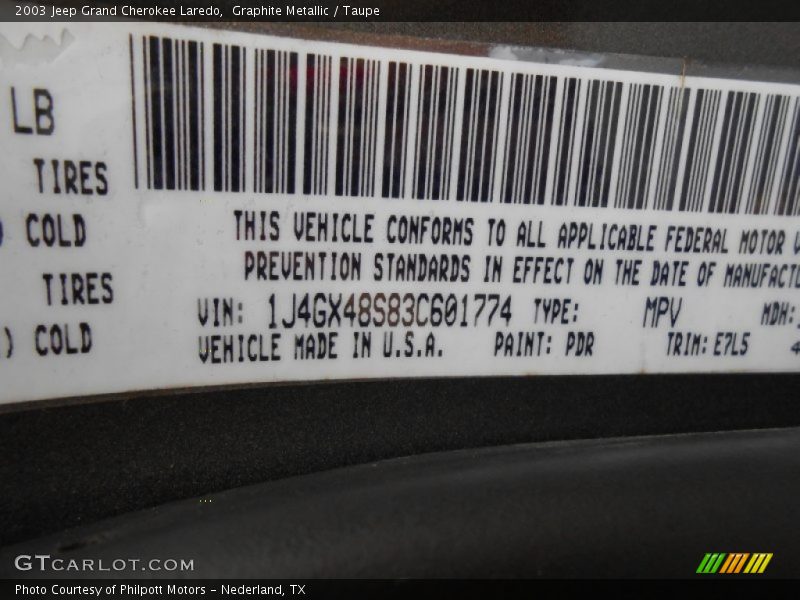 2003 Grand Cherokee Laredo Graphite Metallic Color Code PDR