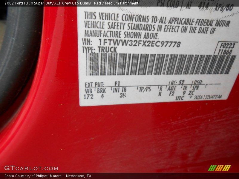 Red / Medium Parchment 2002 Ford F350 Super Duty XLT Crew Cab Dually