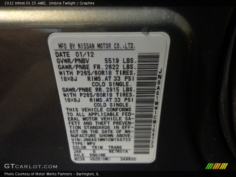 2012 FX 35 AWD Umbria Twilight Color Code JAA