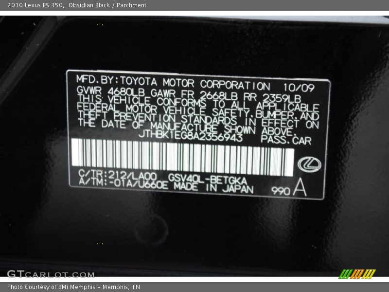 Obsidian Black / Parchment 2010 Lexus ES 350