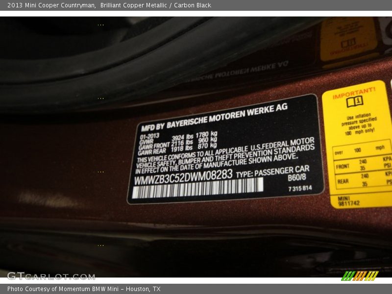 2013 Cooper Countryman Brilliant Copper Metallic Color Code B60