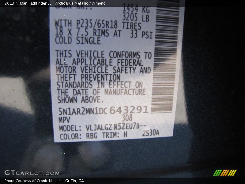 2013 Pathfinder SL Arctic Blue Metallic Color Code RBG