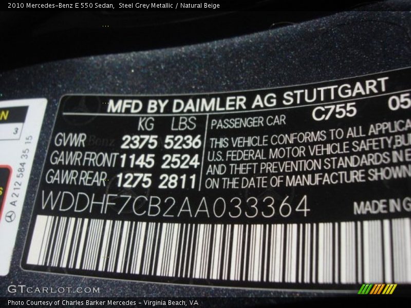 Steel Grey Metallic / Natural Beige 2010 Mercedes-Benz E 550 Sedan