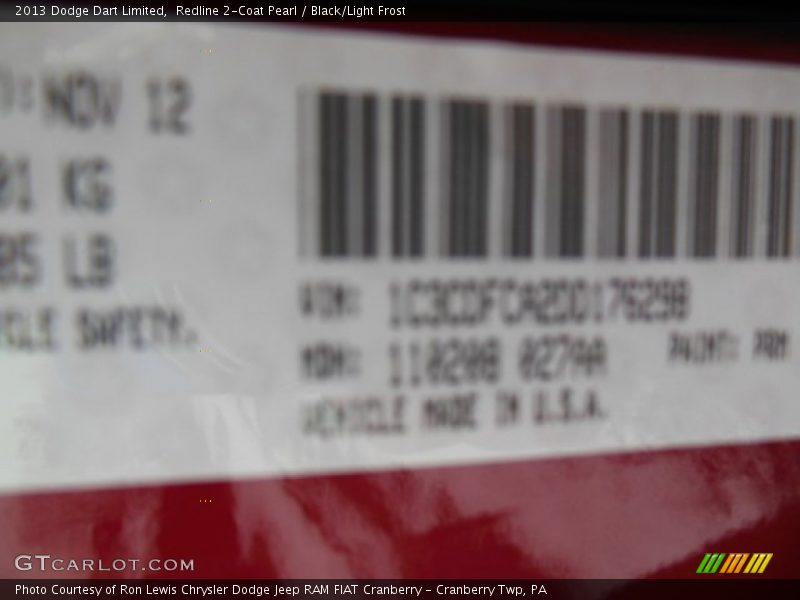 Redline 2-Coat Pearl / Black/Light Frost 2013 Dodge Dart Limited