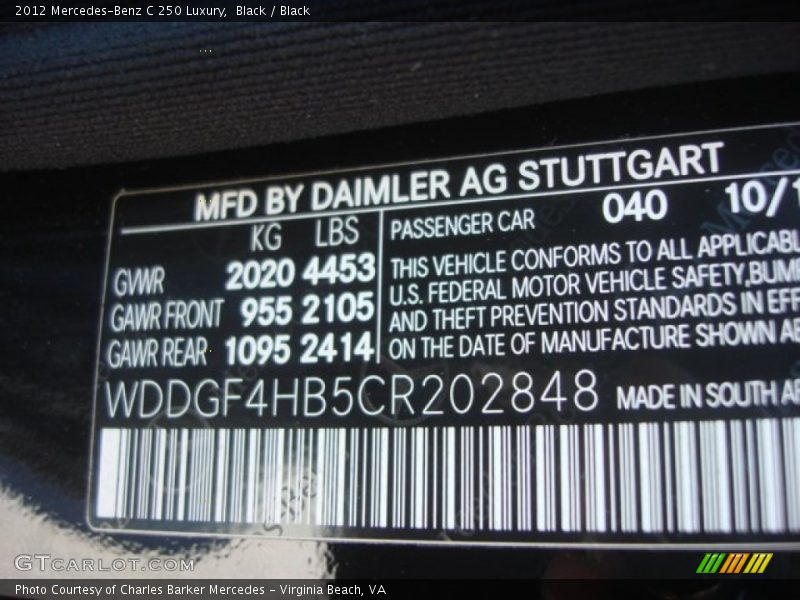 Black / Black 2012 Mercedes-Benz C 250 Luxury