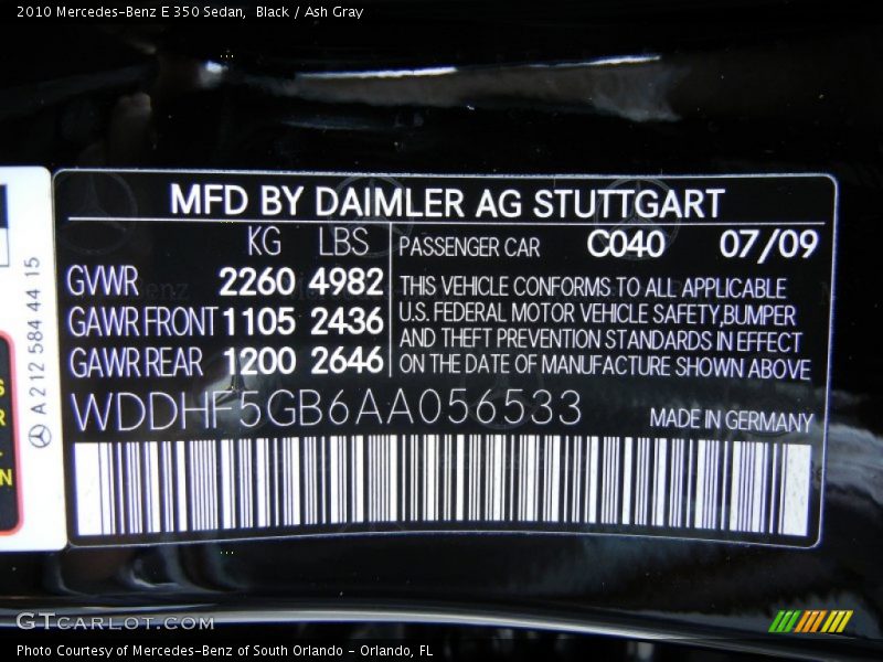 2010 E 350 Sedan Black Color Code 040