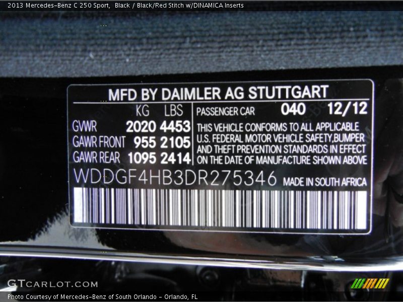 Black / Black/Red Stitch w/DINAMICA Inserts 2013 Mercedes-Benz C 250 Sport