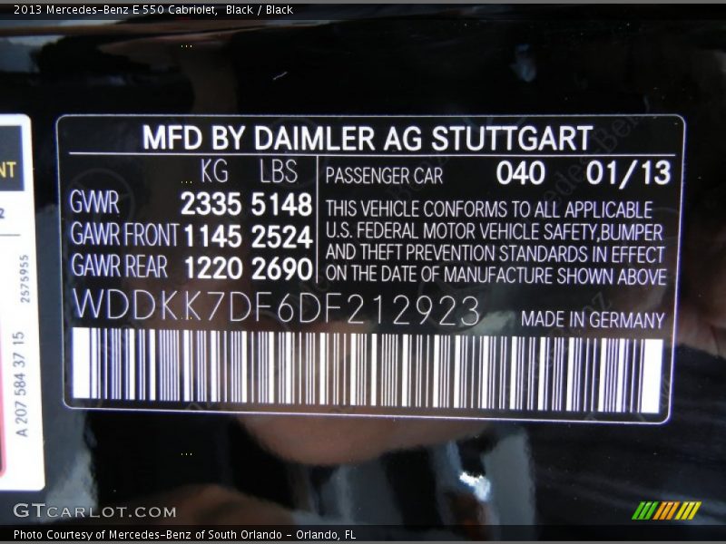 2013 E 550 Cabriolet Black Color Code 040