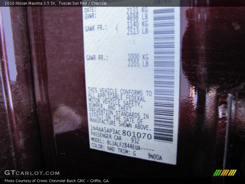 2010 Maxima 3.5 SV Tuscan Sun Red Color Code NAD