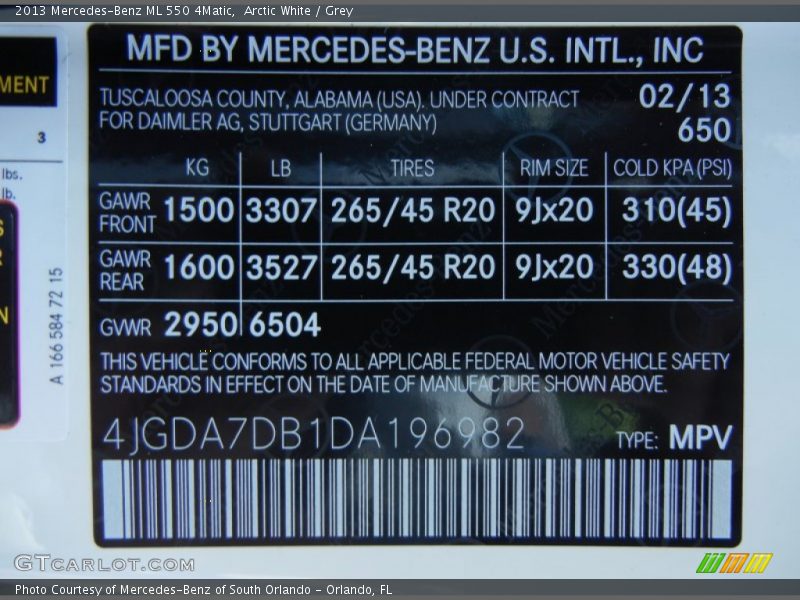 Arctic White / Grey 2013 Mercedes-Benz ML 550 4Matic