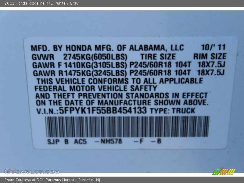 White / Gray 2011 Honda Ridgeline RTL
