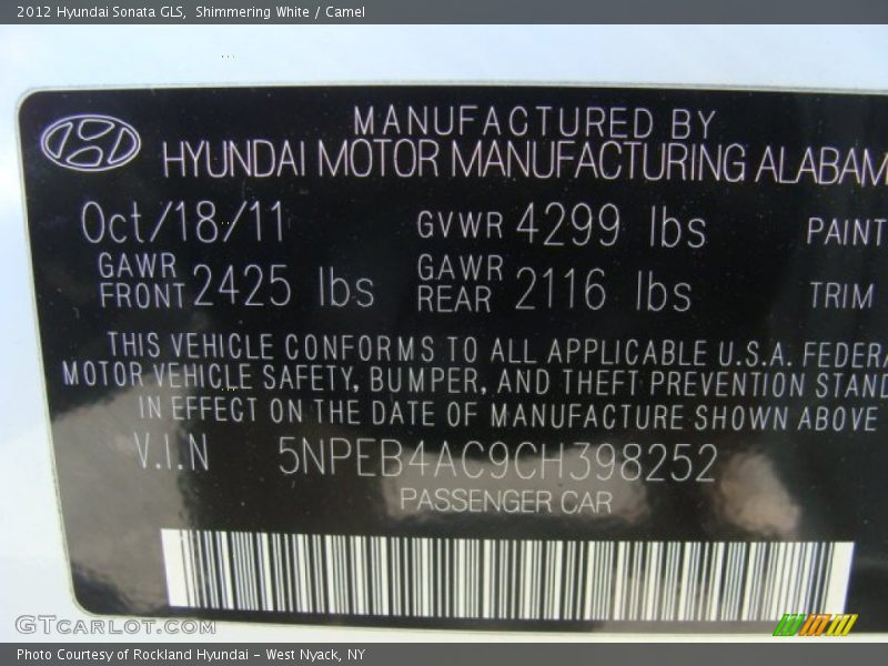 Shimmering White / Camel 2012 Hyundai Sonata GLS