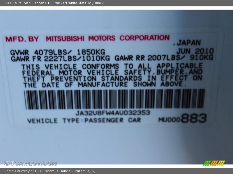 Wicked White Metallic / Black 2010 Mitsubishi Lancer GTS