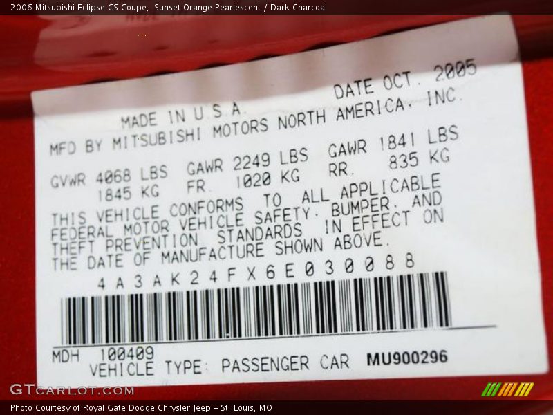 Sunset Orange Pearlescent / Dark Charcoal 2006 Mitsubishi Eclipse GS Coupe