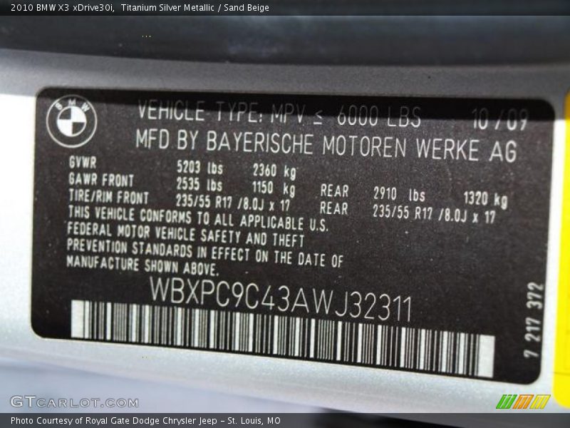 Titanium Silver Metallic / Sand Beige 2010 BMW X3 xDrive30i