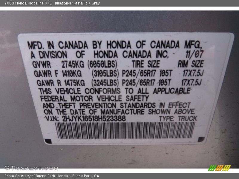 Billet Silver Metallic / Gray 2008 Honda Ridgeline RTL