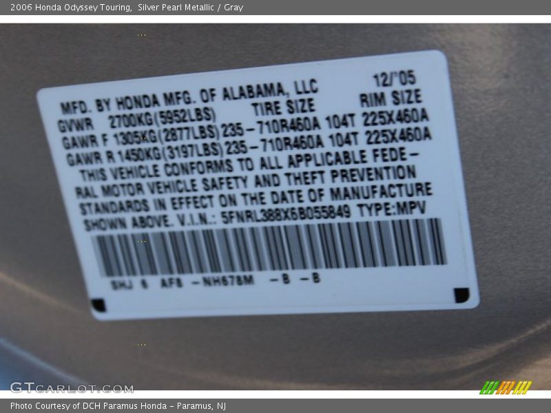 Silver Pearl Metallic / Gray 2006 Honda Odyssey Touring