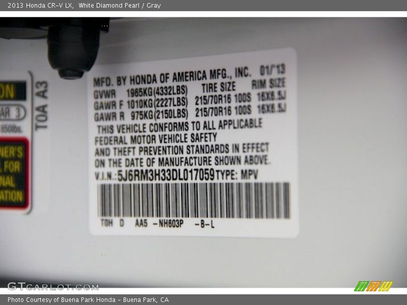 2013 CR-V LX White Diamond Pearl Color Code NH603P